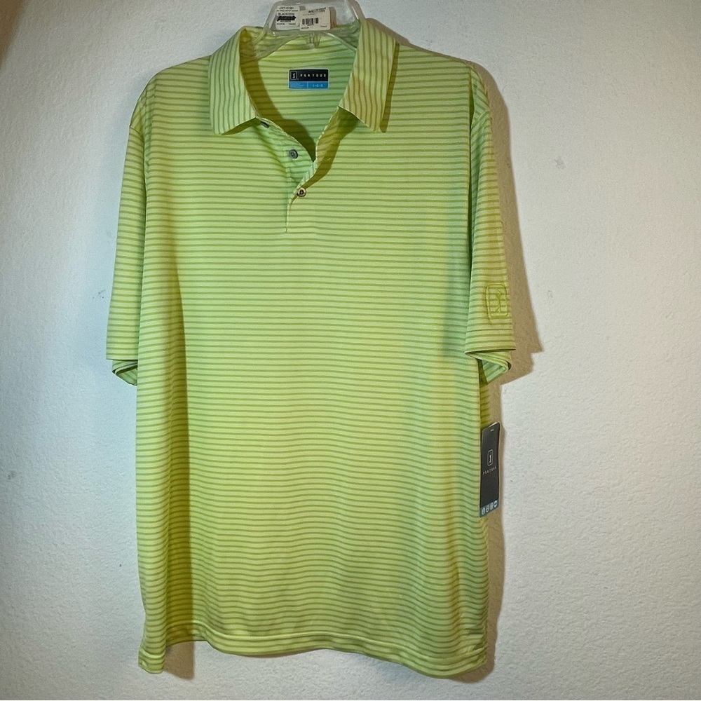 PGA Tour Men’s Golf Polo L Green White Striped Performance NWT
